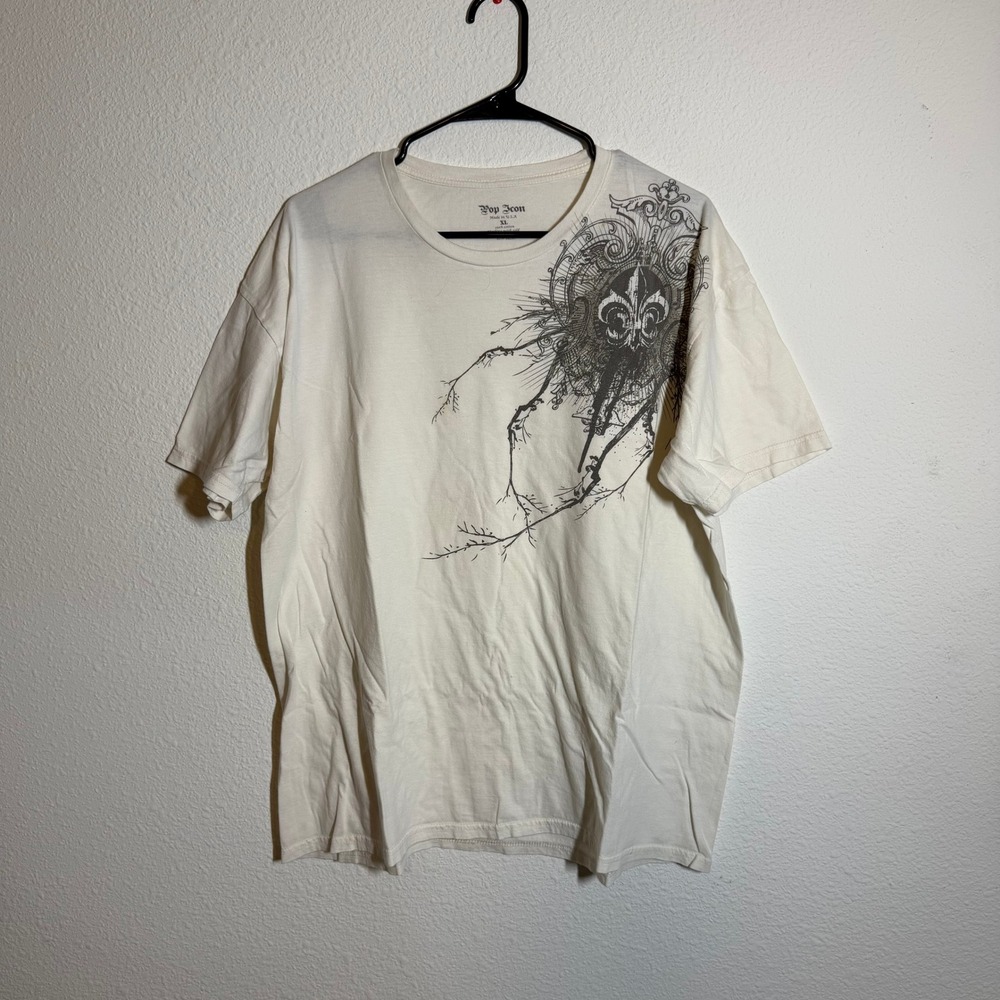 Pop Icon Mens XL Fleur De Lis Graphic T-Shirt Cream Off White Short Sleeve USA
